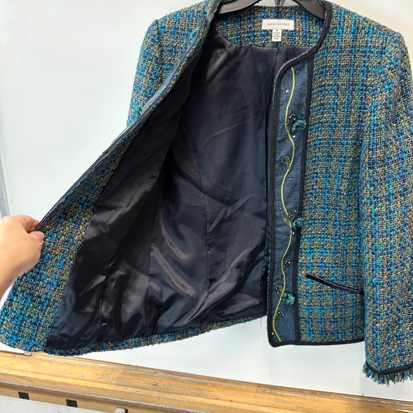 Vintage David Brooks Blue Green Tweed Fully Lined Cardigan Jacket Tassels Sz 8 - Picture 5 of 15